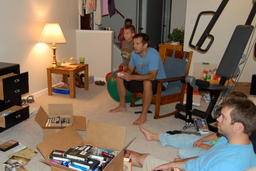 Cluttered chaos as we unloaded the old entertainment center