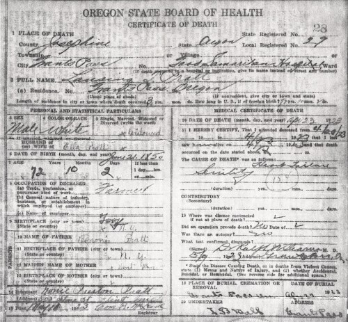Death Certificate for Lansing Taylor Pratt - died 23 April 1923